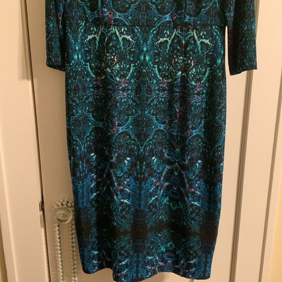 Maggy London Midi Dress, Dressy Professional, 3/4 sleeve, Blues/Greens, Back Zip - Picture 4 of 12